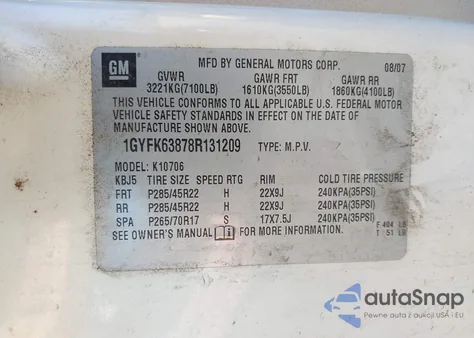 2008 Cadillac Escalade Standard from USA, damaged, VIN 1GYFK63878R131209